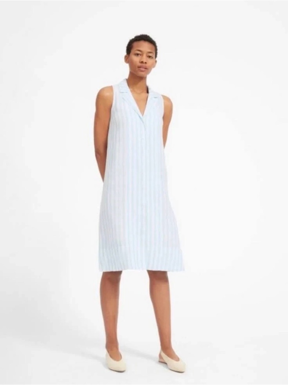 Everlane Linen Dress Sz 12 Striped Sleeveless Button Front Resortwear Blue White